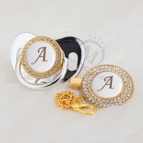 MIYOCAR Gold silver name Initials letter white elegant A beautiful bling pacifier and pacifier clip BPA free dummy bling LA-W