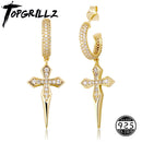 TOPGRILLZ 925 Sterling Silver Cross Earrings High Quality Iced Out Cubic Zirconia Hip Hop Cross Hoop Earrings For Women Gift