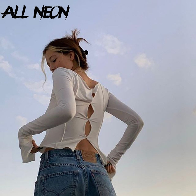 ALLNeon Aesthetics Hollow Out Stitch Long Sleeve T-shirts E-girl Vintage Solid O-neck Cropped Tops 90s Fashion Streetwear