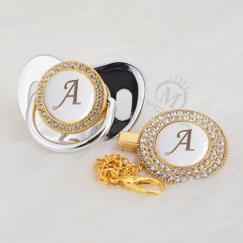 MIYOCAR Gold silver name Initials letter white elegant A beautiful bling pacifier and pacifier clip BPA free dummy bling LA-W