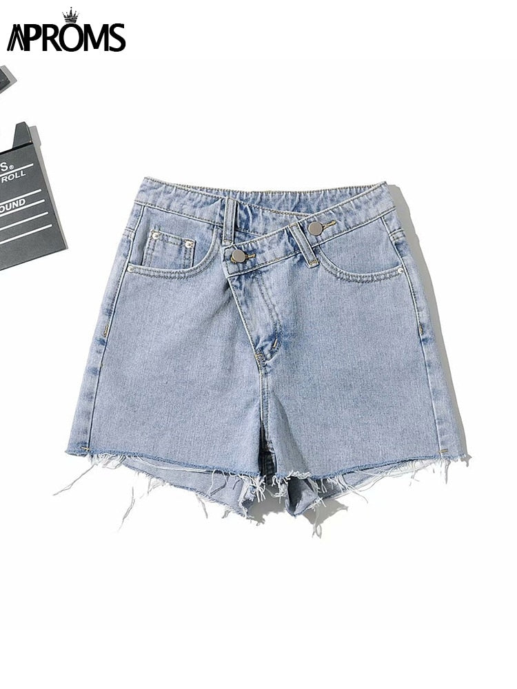 Aproms Vintage Quaste Blue Denim Shorts Frauen Casual High Waist Bottoms 2022 Sommer Streetwear Fashion Solid Color Jeans Shorts