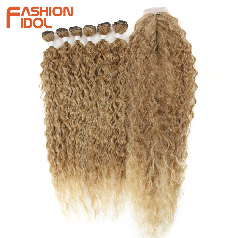 Synthetic Fake Hair Extensions Afro Kinky Curly Hair Bundles With Closure Ombre Golden 30 inch Soft Super Long Wave Hair Weave