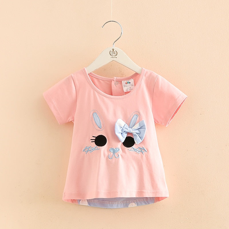 Kinderkleidung 2021 Sommer 100% Baumwolle Weiß Rosa Cartoon Katze Punkt Bowknot Patchwork Kurzarm T-Shirt mit O-Ausschnitt für Mädchen