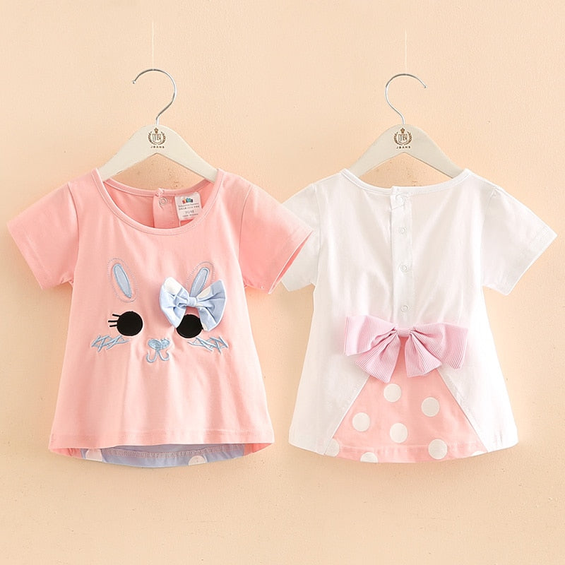 Kinderkleidung 2021 Sommer 100% Baumwolle Weiß Rosa Cartoon Katze Punkt Bowknot Patchwork Kurzarm T-Shirt mit O-Ausschnitt für Mädchen