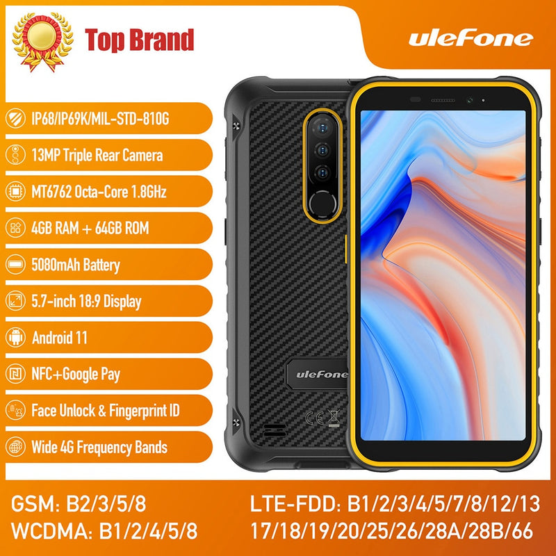 Ulefone Armor X8 Teléfono inteligente resistente al agua Android11 ​​Teléfono celular de 5.7 pulgadas 4GB 64GB ip68 Octa-core NFC 4G LTE Teléfono móvil