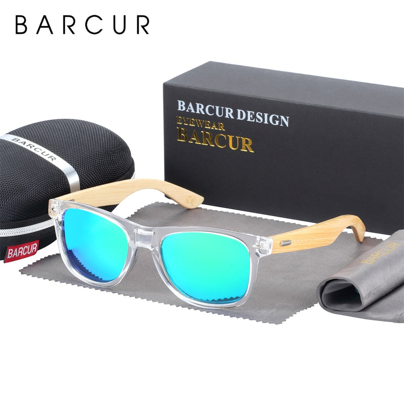BARCUR Classic Bamboo Sunglasses Wood Transparent Plastic Frame Women Men Polarized Sun Glasses With Box Free