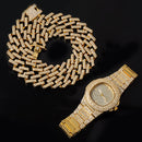 Halskette + Uhr + Armband Hip Hop Miami Curb Kubanische Kette Goldfarbe Iced Out Gepflasterte Strasssteine ​​CZ Bling Rapper Für Herrenschmuck