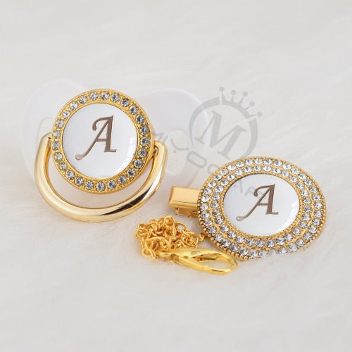 MIYOCAR Gold silver name Initials letter white elegant A beautiful bling pacifier and pacifier clip BPA free dummy bling LA-W