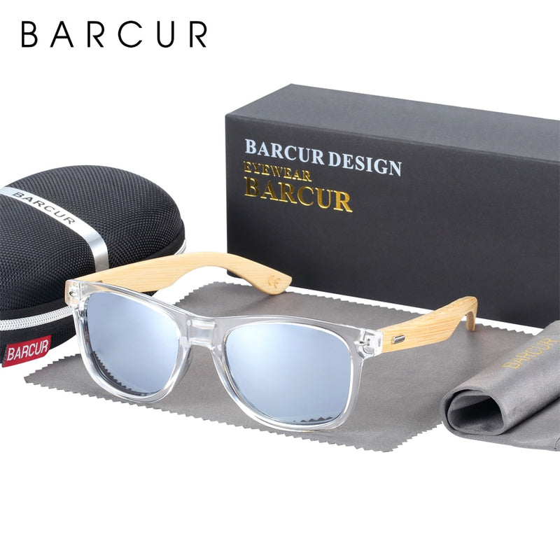 BARCUR Classic Bamboo Sunglasses Wood Transparent Plastic Frame Women Men Polarized Sun Glasses With Box Free