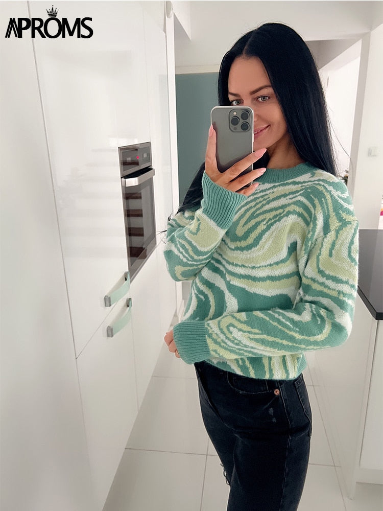 Aproms Elegant Green Tie Dye Knitted Sweater and Pullovers Women 2022 Winter Long Sleeve Warm Ribbed Jumper Female Slim Top