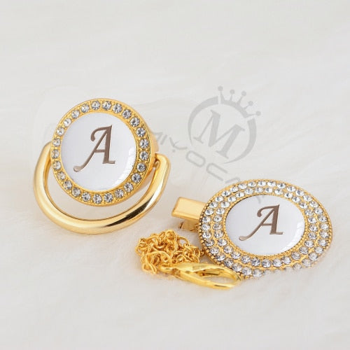 MIYOCAR Gold silver name Initials letter white elegant A beautiful bling pacifier and pacifier clip BPA free dummy bling LA-W