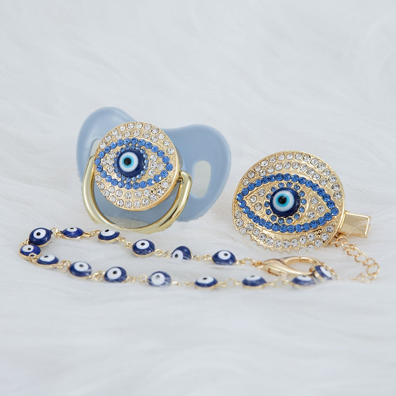 MIYOCAR blue Bling evil eye pacifier and clip set pacifier chain holder bling colorful lovely evil eye pacifier AEYE-C