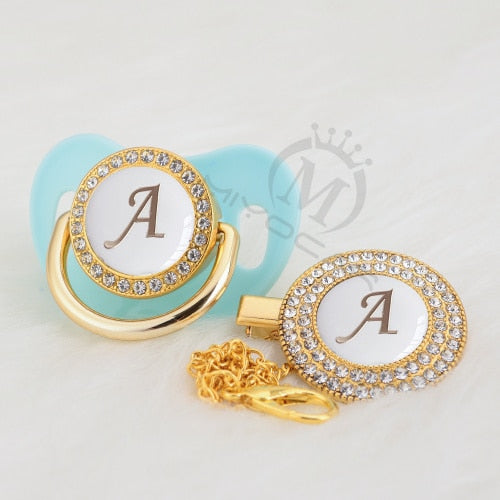 MIYOCAR Gold silver name Initials letter white elegant A beautiful bling pacifier and pacifier clip BPA free dummy bling LA-W