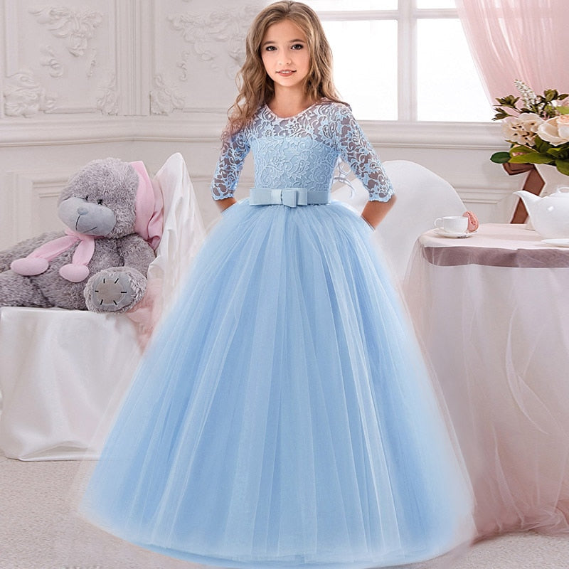 Flower Girl's Birthday Banquet Lace Stitching Dress Elegant Girls'School Party Dinner Dresses for Graduation Ceremony Ball
