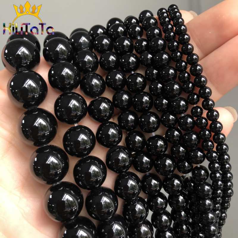 Natürliche schwarze Achate Onyx Steinperlen glatte runde lose Zwischenperlen für die Schmuckherstellung DIY Armbänder 15'' 4/6/8/10/12/14mm