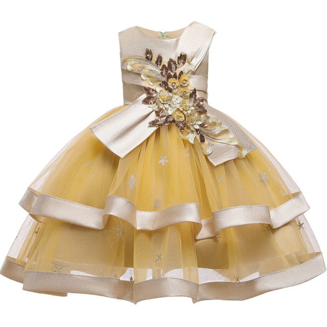Neue Art-Mädchen-Hochzeitsfest Ein-Zeichen-Schulter-Straps-Kleid-Mädchen-Bogen-Nagel-Perlen-Blumen-Bankett-Ball-Kleid vestidos