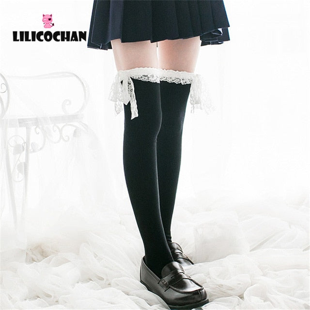 Womens Anime Cosplay Lolita Maid Girls Lace Top Thigh High Socks Over Knee Leg Warmer Leggings Sexy Cotton Stocking Accessories