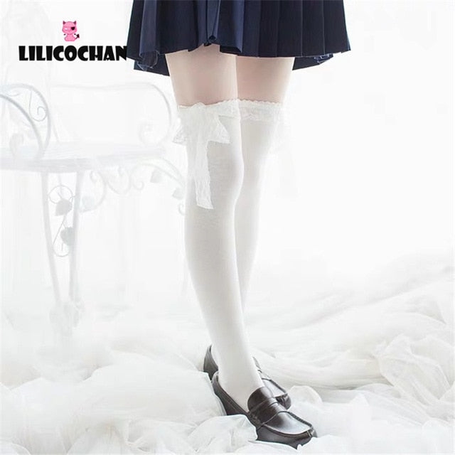 Womens Anime Cosplay Lolita Maid Girls Lace Top Thigh High Socks Over Knee Leg Warmer Leggings Sexy Cotton Stocking Accessories