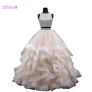 Luxury Crystals Two Pieces Ball Gown Quinceanera Dresses O-Neck Beaded Open Back Pageant Gown Long Tiered Organza Sweet 16 Dress