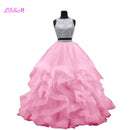 Luxury Crystals Two Pieces Ball Gown Quinceanera Dresses O-Neck Beaded Open Back Pageant Gown Long Tiered Organza Sweet 16 Dress