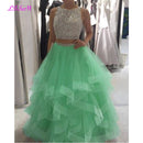 Luxury Crystals Two Pieces Ball Gown Quinceanera Dresses O-Neck Beaded Open Back Pageant Gown Long Tiered Organza Sweet 16 Dress