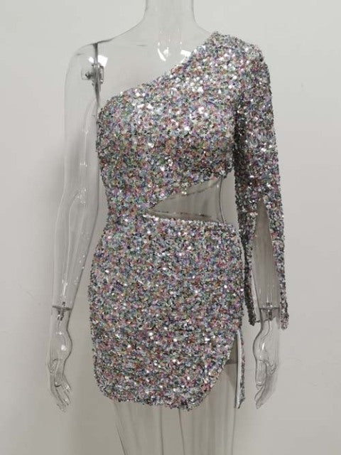 JillPeri Women One Shoulder Glitter Sequin Mini Dress Sexy Waist Cut Out Club Street Wear Celebrity Birthday Party Dress