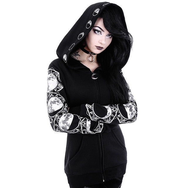 5XL Gothic Punk Mujeres Imprimir Sudaderas con capucha de manga larga Sudaderas Chaqueta con cremallera informal Tops con capucha Mujer Otoño Invierno Sudaderas con capucha negras.