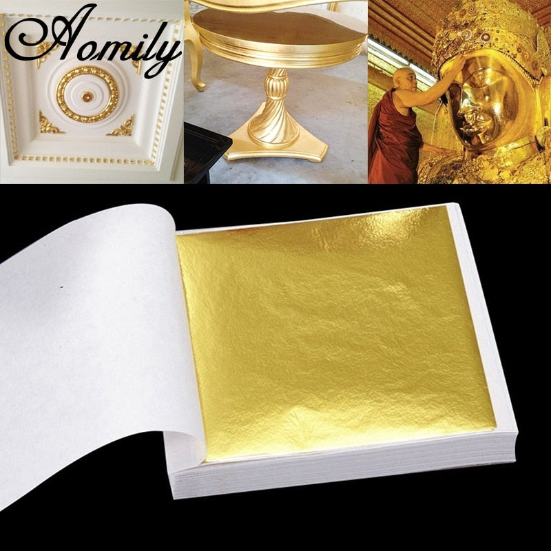 Aomily 9 x 9 cm, 100 Blatt, praktisch, reines glänzendes Blattgold, zum Vergolden von Möbellinien, Wandarbeiten, Basteln, Vergoldung, Dekoration