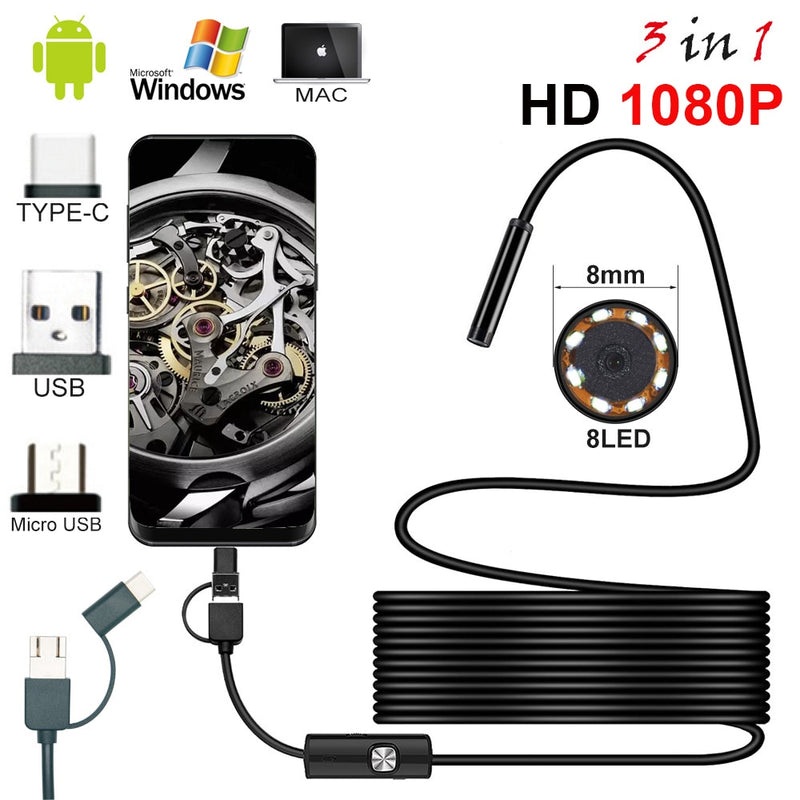 Nueva cámara endoscópica de 8,0 mm 1080P HD USB Endoscopio con 8 LED 1/2 / 5M Cable Boroscopio de inspección a prueba de agua para Android PC