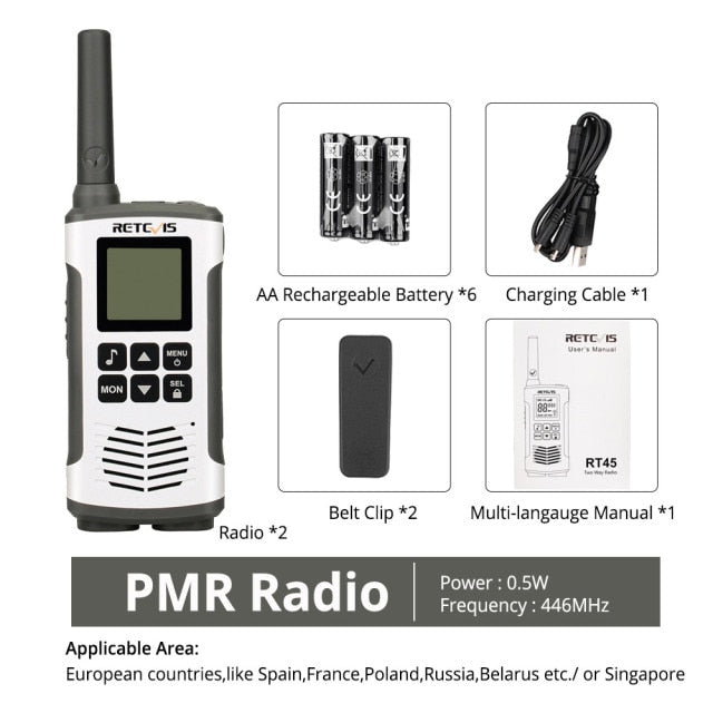 Retevis RT45 PMR Radio Walkie Talkie 2 uds PMR PMR446 FRS Práctico comunicador de Radio bidireccional Walkie-Talkie familiar Walkie-talkies