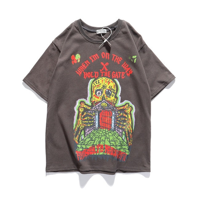 Kanye West Kids See Ghosts Camiseta de gran tamaño para hombres Tour Conmemorativo Impreso Retro Loose Harajuku Cuello redondo Camiseta de manga corta