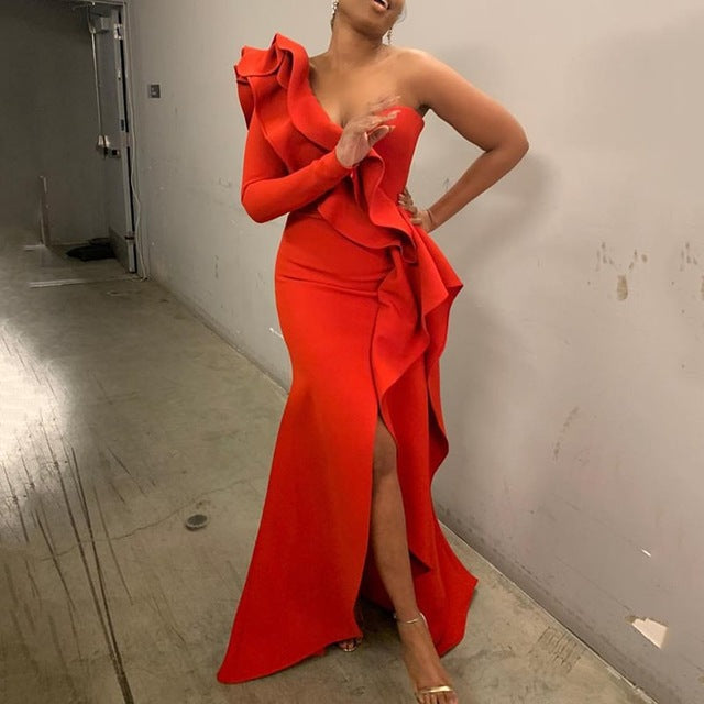 African Style Elegant Party Sexy Evening Women Long Dresses One Shoulder Bodycon Split Female Ruffles Maxi Red Dress Prom 2022