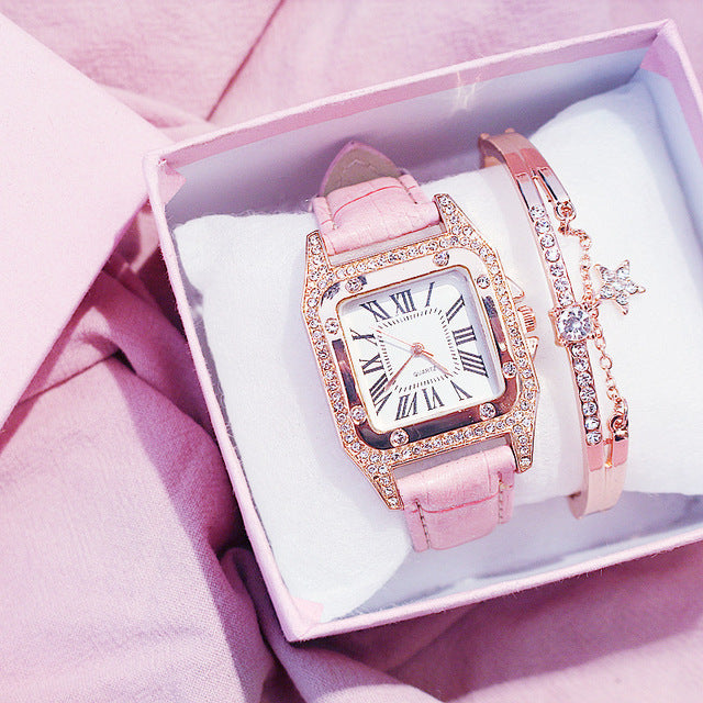 Reloj de diamantes para mujer, reloj de pulsera con esfera cuadrada estrellada, conjunto de relojes de pulsera de cuero para mujer, reloj de pulsera de cuarzo, reloj femenino Zegarek Damski