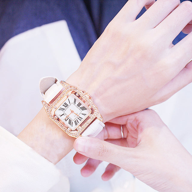 Damen Diamant Uhr Starry Square Dial Armband Uhren Set Damen Lederband Quarz Armbanduhr Damenuhr Zegarek Damski