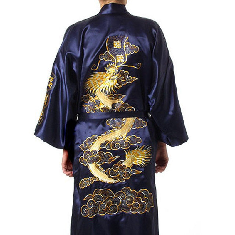 Marineblauer chinesischer Satin-Seiden-Bademantel mit Stickerei, Kimono-Bademantel, Drache, Größe SML, XL, XXL, XXXL, S0008