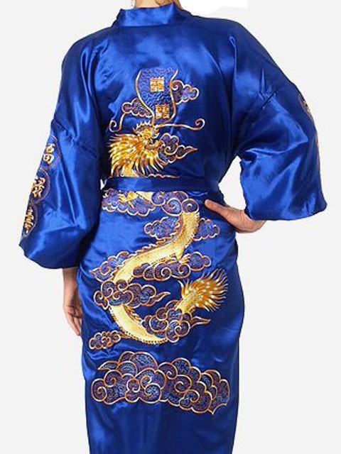 Azul marino chino hombres satén seda bata bordado Kimono bata de baño dragón tamaño SML XL XXL XXXL S0008