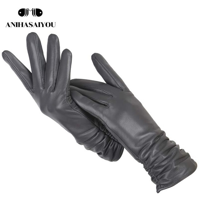 Classic pleated leather gloves women color real leather gloves women sheepskin Genuine Leather winter gloves women-2081