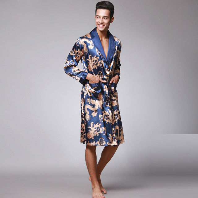 Men Silk Summer and Autumn Satin Kimono Bathrobe Golden Dragon Knee Length Long Sleeve Black Bath Robe Dressing Gown Sleepwear