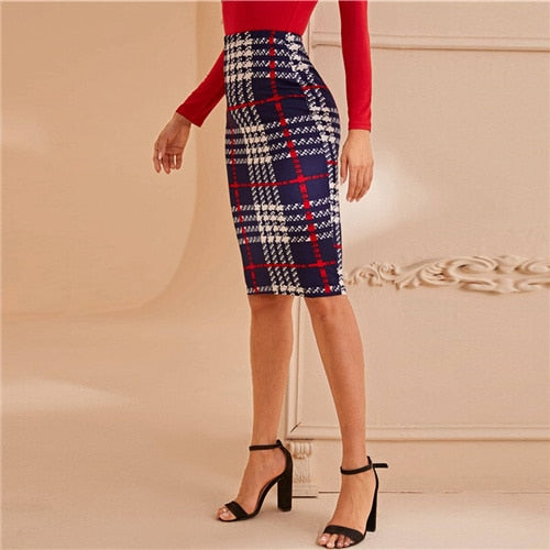 SHEIN Plaid Print Elegant Pencil Skirt Women Bottoms Autumn Fashion High Waist Basic Bodycon Midi Skirts For Office Ladies