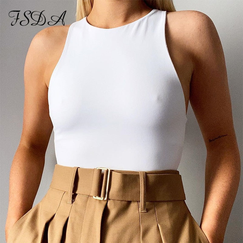 FSDA 2020 Ärmelloser Sommer Sexy Bodysuit Frauen Schulterfrei Weiß Basic Body Top Lässige Streetwear Bodysuits Schwarz