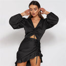 CNYISHE Sexy Deep V-neck Party Dress Women Satin Lace Up Ruffles Holow Out Ruched Dress Female Vestido Elegant Slim Mini Dresses