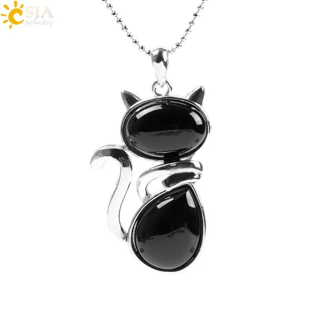 Collares de piedra Natural CSJA Reiki, colgantes de cuarzo rosa para mujer y niña, cadena de cuentas de ónix negro con forma de gato, joyería F066