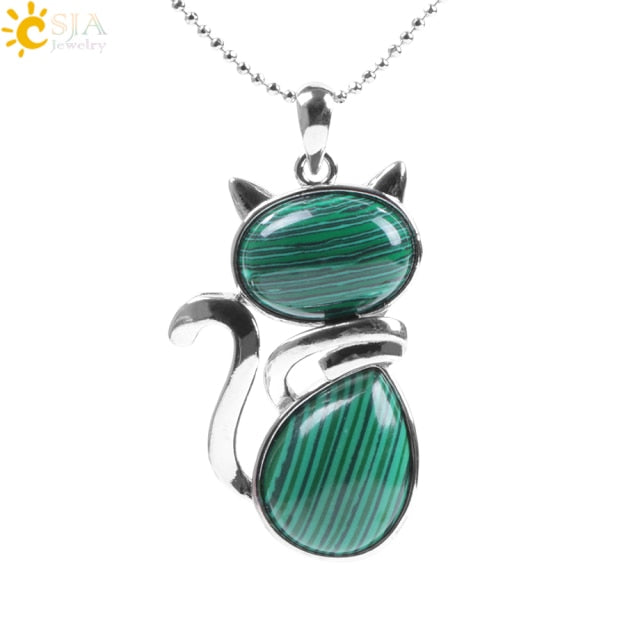 CSJA Reiki Naturstein Halsketten Rosa Quarz Anhänger für Frauen Mädchen Nette Katze Form Rock Schwarz Onyx Perlen Kette Schmuck F066