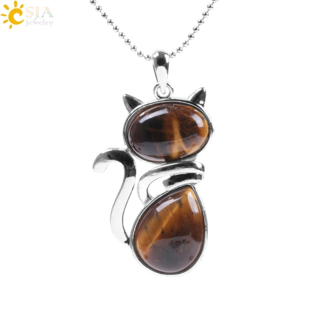 CSJA Reiki Naturstein Halsketten Rosa Quarz Anhänger für Frauen Mädchen Nette Katze Form Rock Schwarz Onyx Perlen Kette Schmuck F066