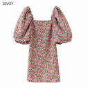 2020 women vintage floral vestidos print puff sleeve mini dress female retro square collar casual slim streetwear dresses DS3957