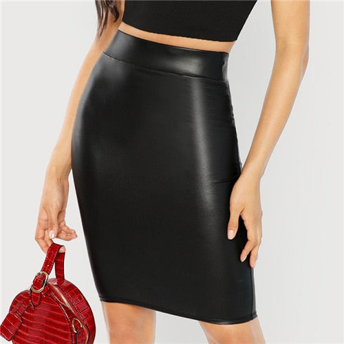 SHEIN Black Wide Waistband Solid Skinny Skirt Elegant Workwear Knee Length Mid Waist Skirts Women Autumn Sheath Pencil Skirt