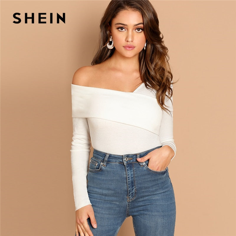 SHEIN White Asymmetrical Neck Solid Tee Rib-Knit Slim Fit Party Casual Pullover Long Sleeve Shirt 2018 Autumn Women Tshirt Top