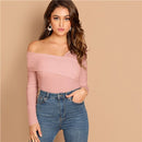 SHEIN White Asymmetrical Neck Solid Tee Rib-Knit Slim Fit Party Casual Pullover Long Sleeve Shirt 2018 Autumn Women Tshirt Top