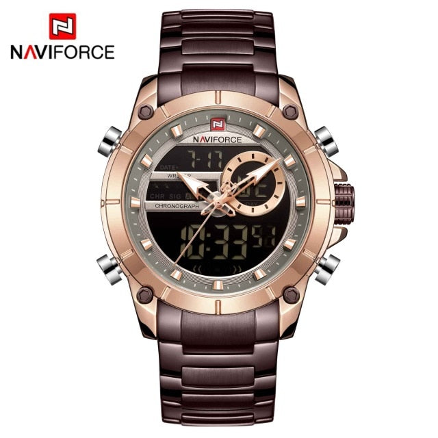 NAVIFORCE Männer Military Sport Armbanduhr Gold Quarz Stahl Wasserdicht Dual Display Männliche Uhr Uhren Relogio Masculino 9163