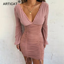 Articat gasa verano otoño vestido mujer 2020 Sexy manga larga ajustado elástico Bodycon vendaje vestido corto plisado vestidos de fiesta